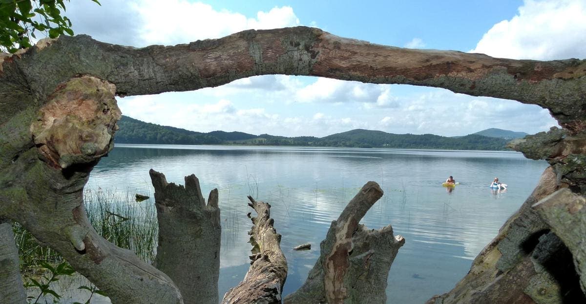 Laacher See mit kristallklarem Wasser umgeben von Vulkaneifel Landschaft und Wanderwegen